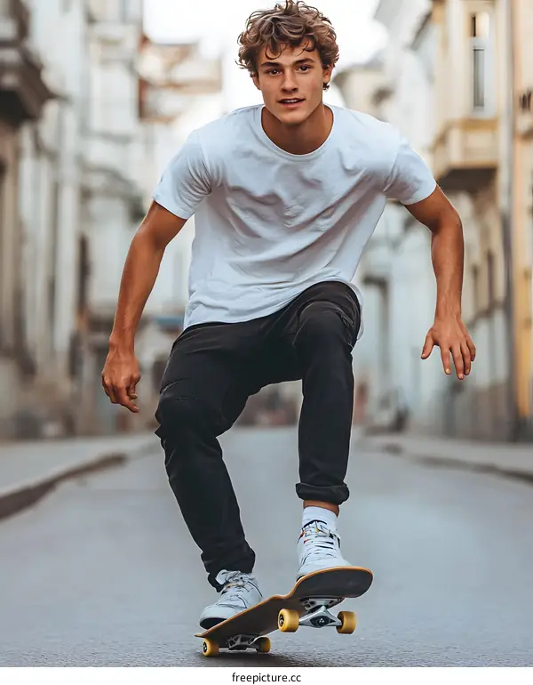 Young Man Skateboarding in the City Street