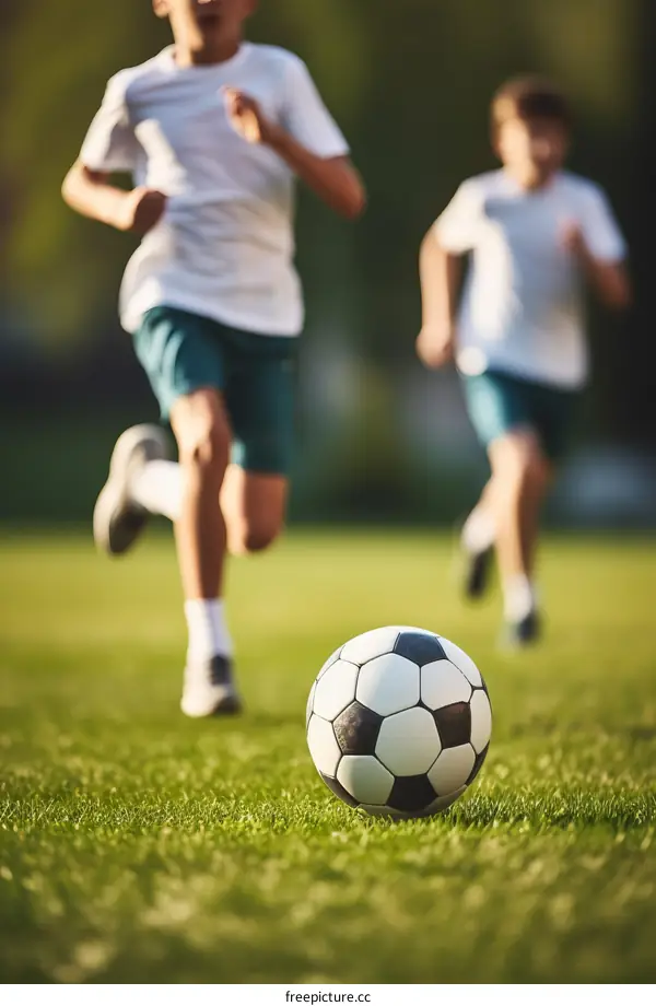 Two boys are running after a soccer ball on a field