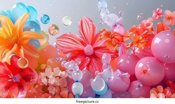 Colorful 3D flowers and bubbles