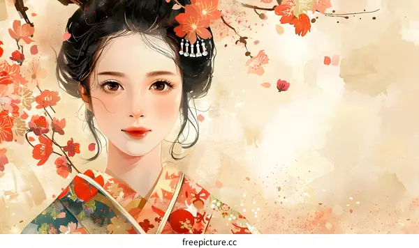 A beautiful Japanese woman in a kimono with cherry blossoms