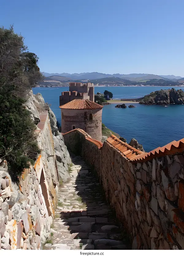 Stone watchtower on the rocky coast of the Mediterranean Sea in Tossa de Mar, Spain