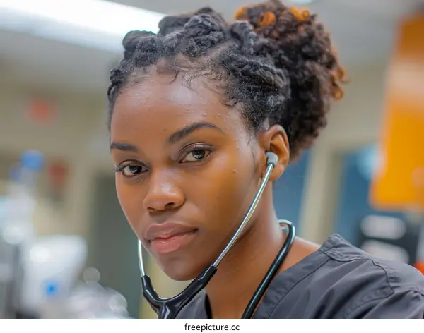 Portrait of a young African-American female doctor wearing a stethoscope