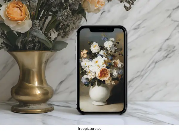 Phone Display with Flower Painting