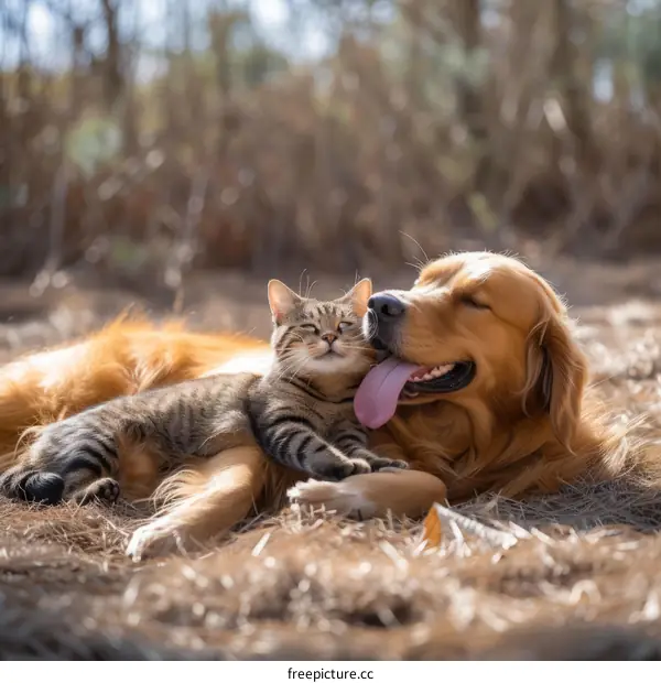 A Golden Retriever and a tabby cat are lying in the grass.
