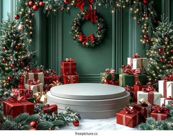 Christmas Scene with Presents and Decorated Trees