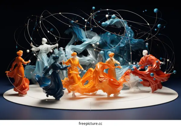 3D illustration of women in colorful dresses dancing in a circle