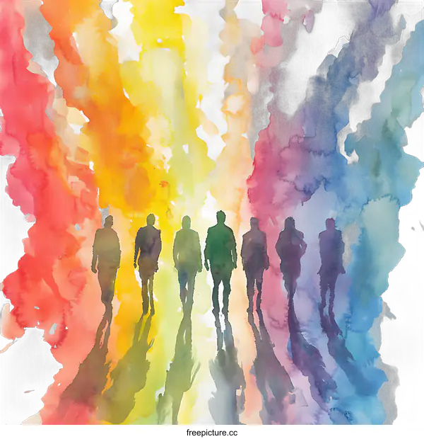 [Transparent Background PNG]Silhouettes of People Walking Through a Rainbow