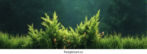 Nature Scene of Lush Green Plants and Foggy Forest Background