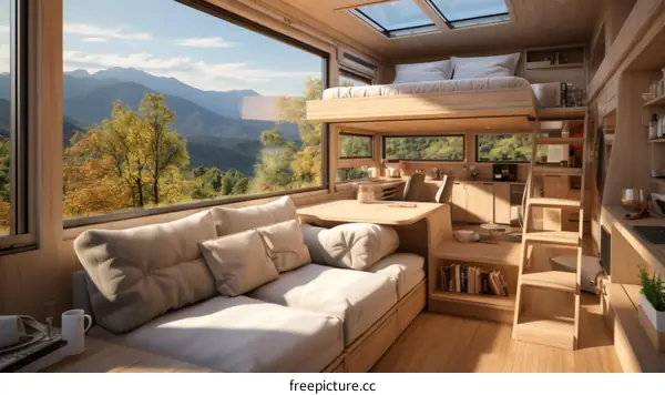 A cozy living space with a view of the mountains