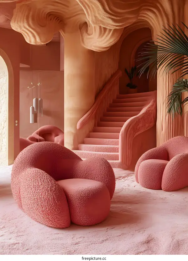 Pink Interior Design With Fluffy Chairs and Staircase