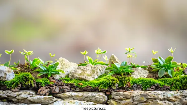 Green Moss and Stone with Sprouting Plants