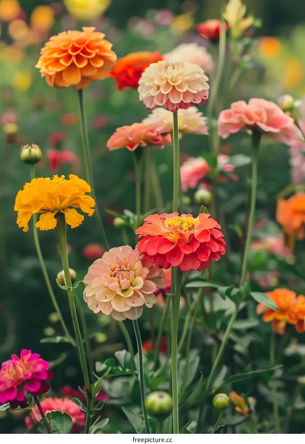 Close Up Of Colorful Dahlias In A Garden