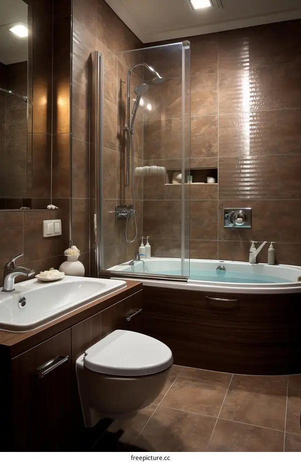 Ensuite bathroom with brown tiles and a large bathtub