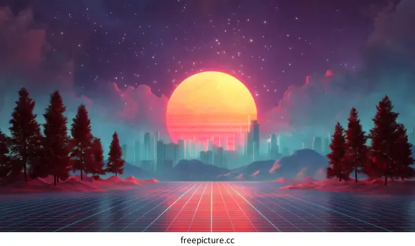 Retro Futuristic Cityscape with Neon Grids