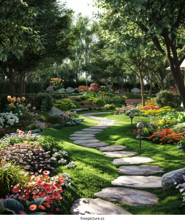 A stone path winds through a lush garden with colorful flowers and green plants