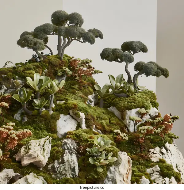 Miniature Landscape with Moss Covered Rocks and Bonsai Trees