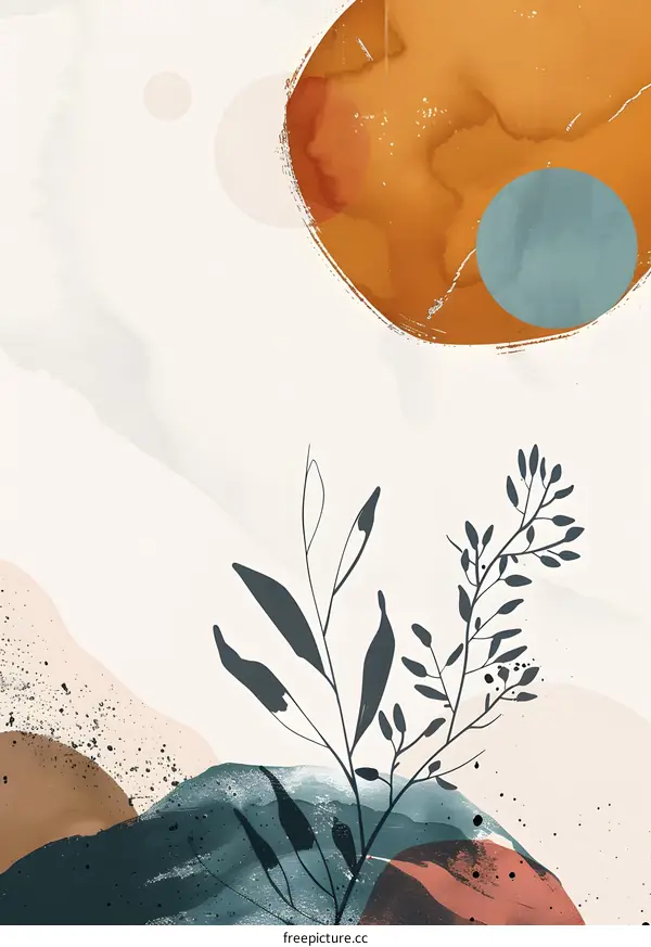 Abstract Minimalist Watercolor Art with Botanical Elements