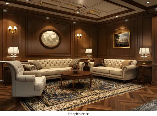 Luxury Living Room Interior Design with Wooden Paneling and a World Map