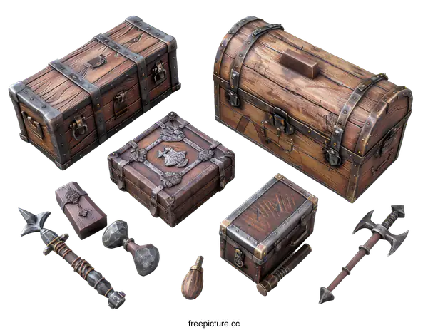 [Transparent Background PNG]A collection of various medieval weapons and treasure chests