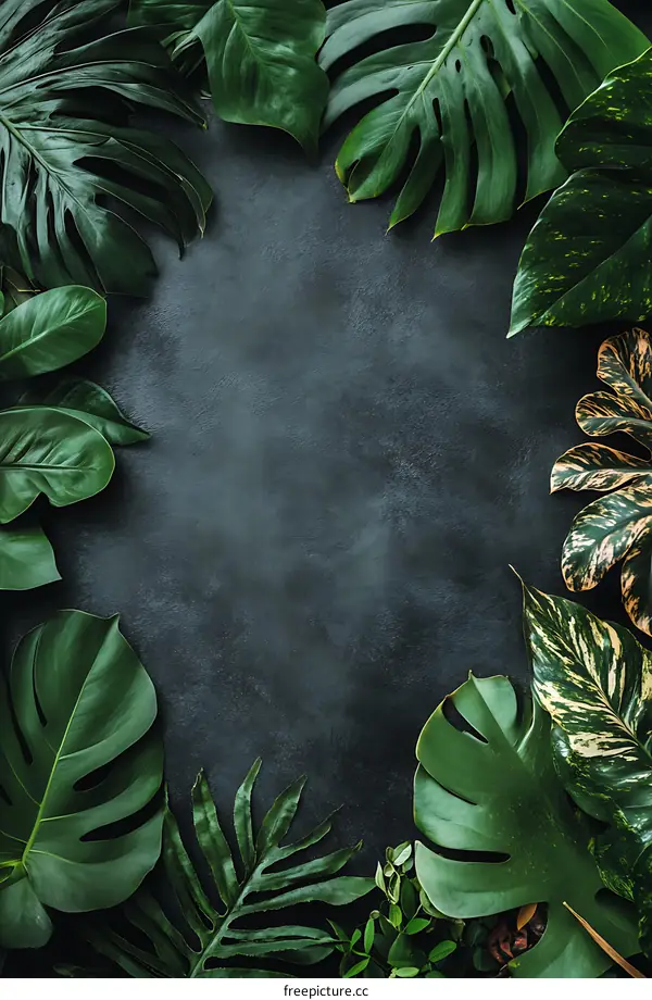 Green Tropical Leaves Frame on Dark Background