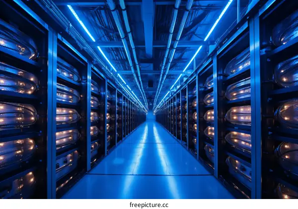 Blue lit data center aisle with empty racks