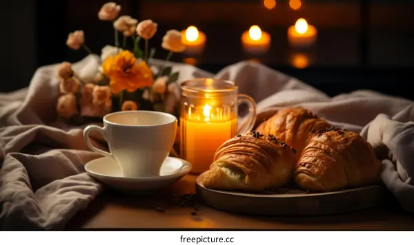 Cozy candlelight breakfast with croissants, coffee, and flowers