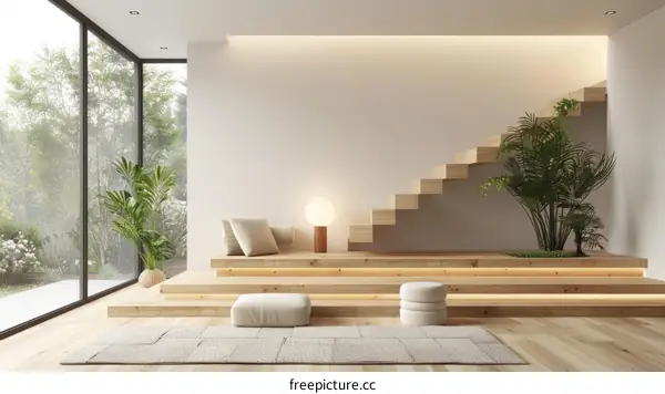 A modern living room with a raised platform and a staircase