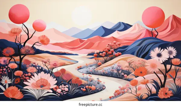 Pink flowers and blue mountains landscape illustration