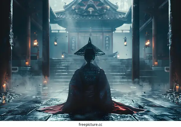 Woman in Traditional Chinese Clothing Kneeling in Front of an Ancient Temple