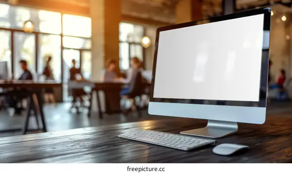 Modern iMac on a wooden table in a modern office with people working in the background