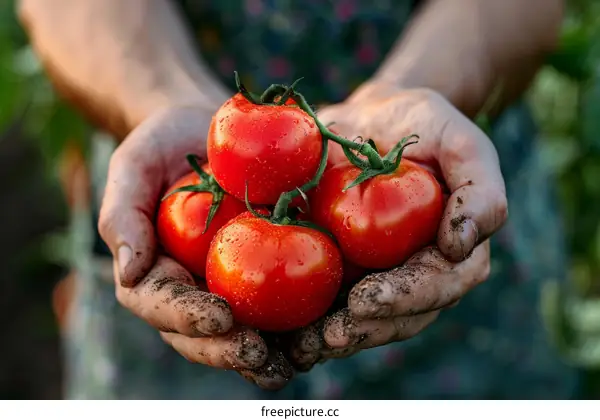 A farmer holding a handful of ripe tomatoes