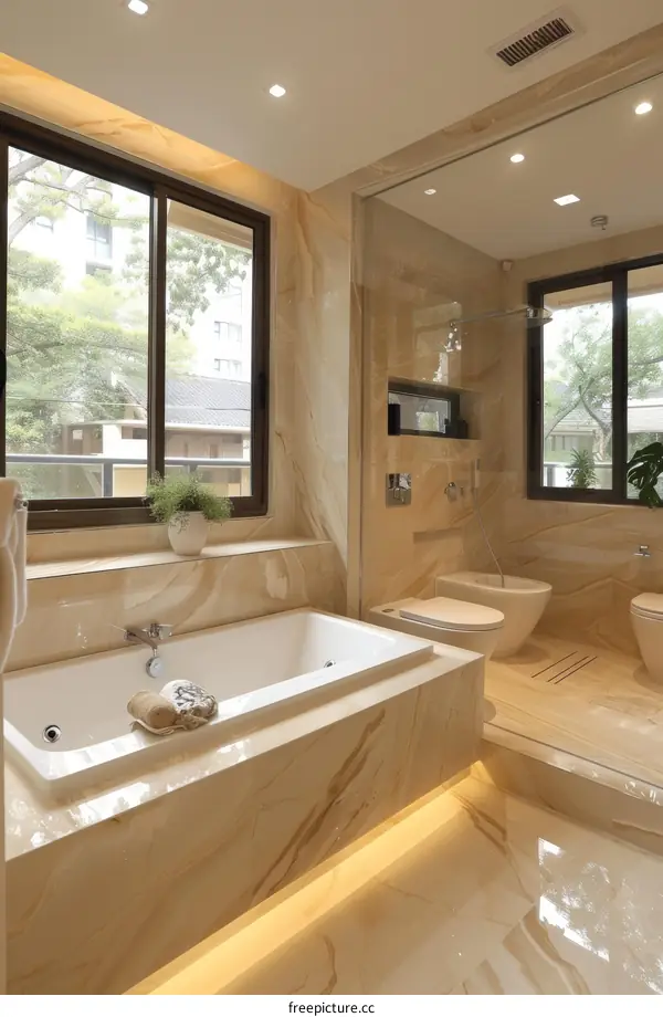 Modern bathroom interior with marble bathtub and large window