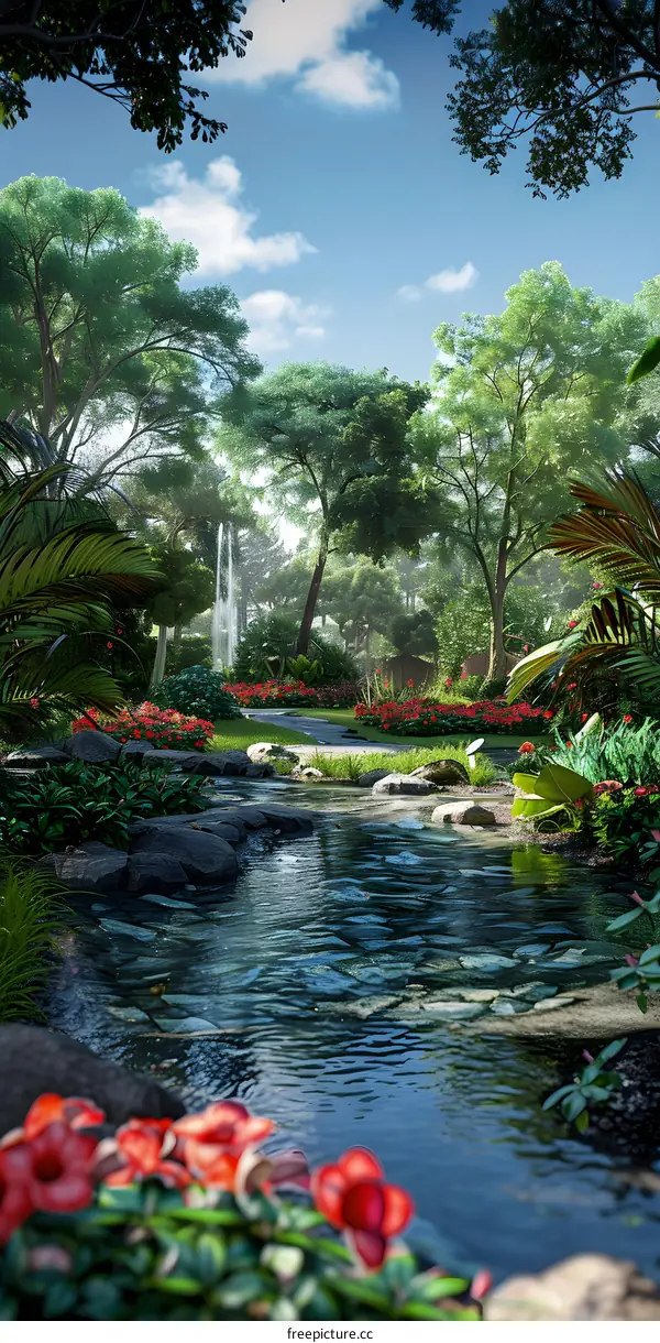 Colorful flowers and a beautiful creek in a lush green park