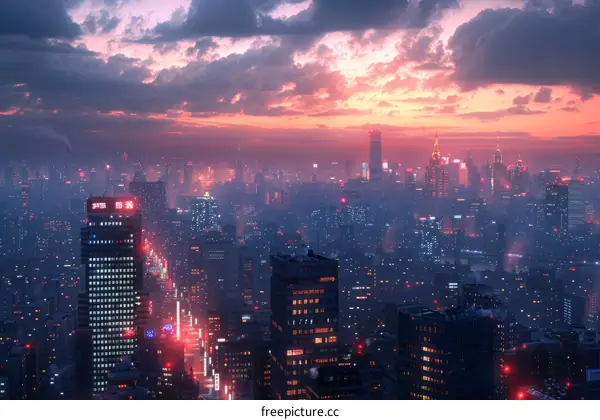 Cityscape at Dusk with Vivid Lights