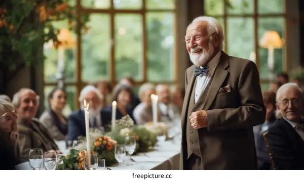 An elderly man giving a speech at a wedding