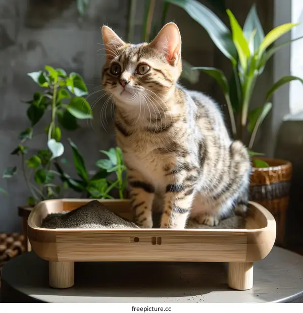 Cat sitting on a wooden litter box looking up curiously