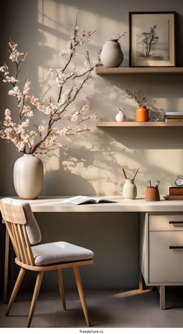 A desk with flowers, a picture, books and a chair