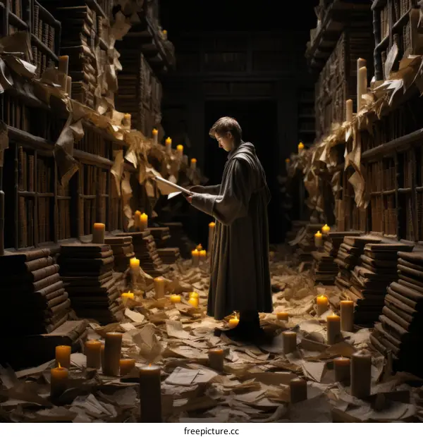 Young scholar reading a book in a library surrounded by stacks of old books and illuminated by candlelight
