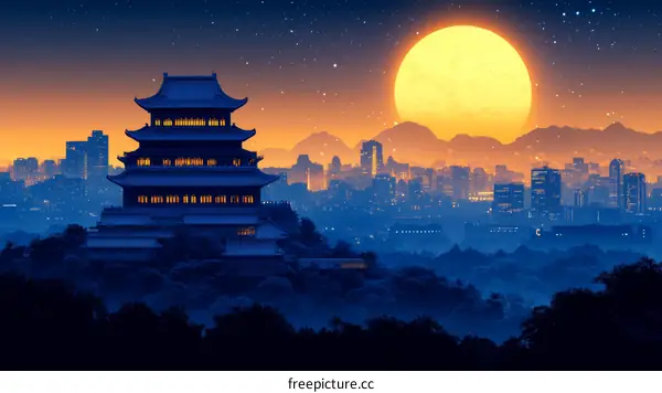 Night Moon over Ancient Chinese Cityscape