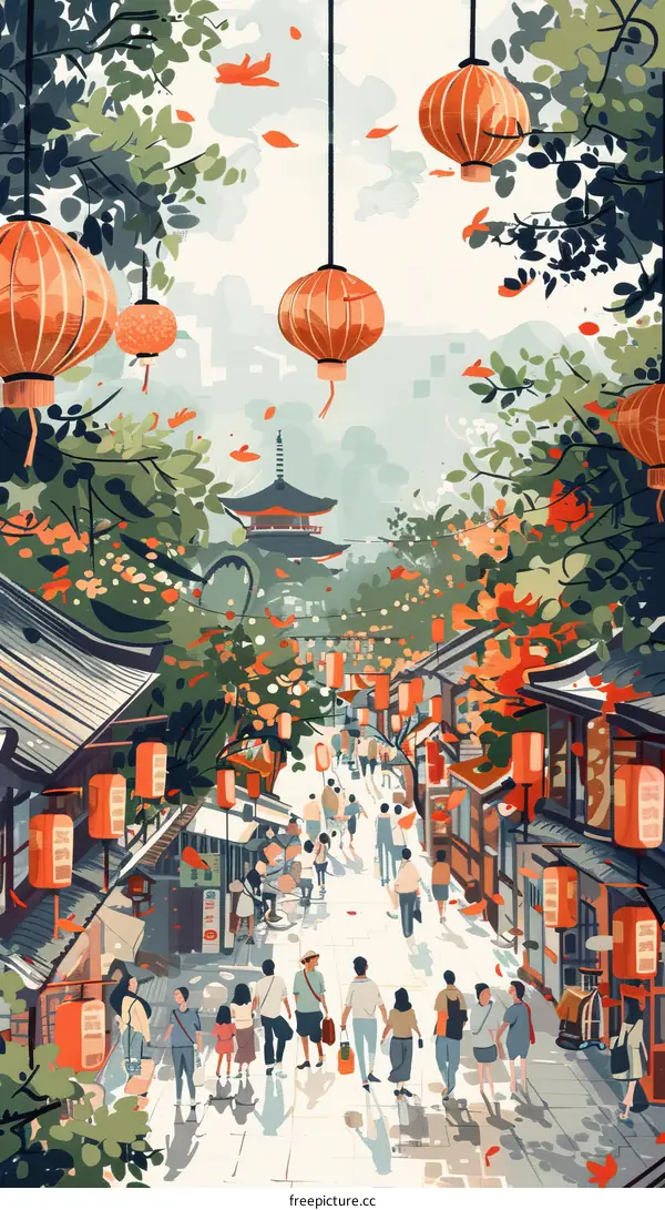 Vibrant Street Scene with Red Lanterns and Crowds