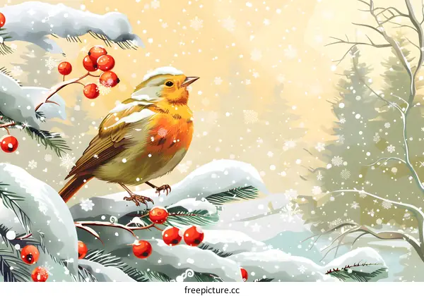 A bird is standing on a branch of a tree, and the branches are full of red fruits.