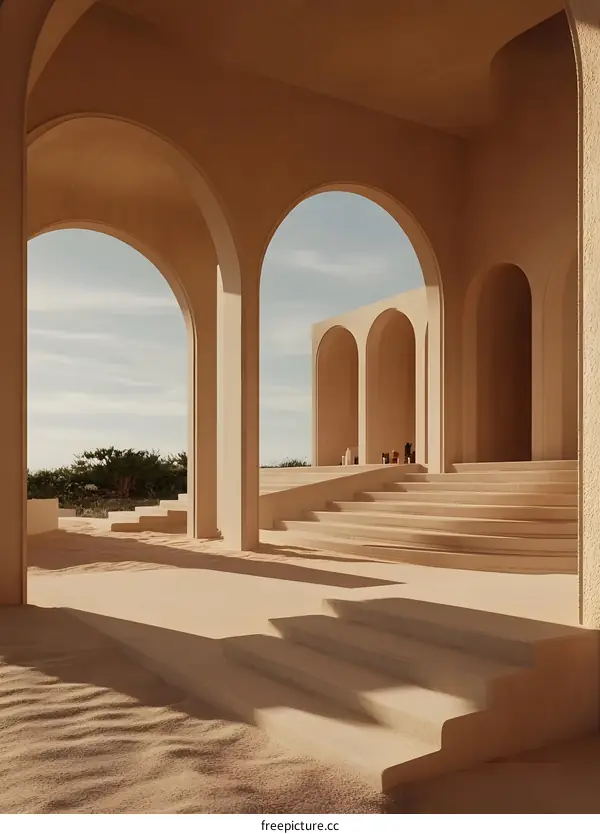 Minimalist Architecture with Archway and Sand