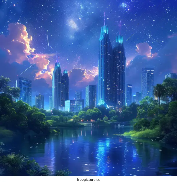 A beautiful illustration of a futuristic city at night with a river running through it and a park with trees and a bridge