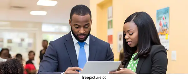 Two African American Business Professionals Looking At A Tablet