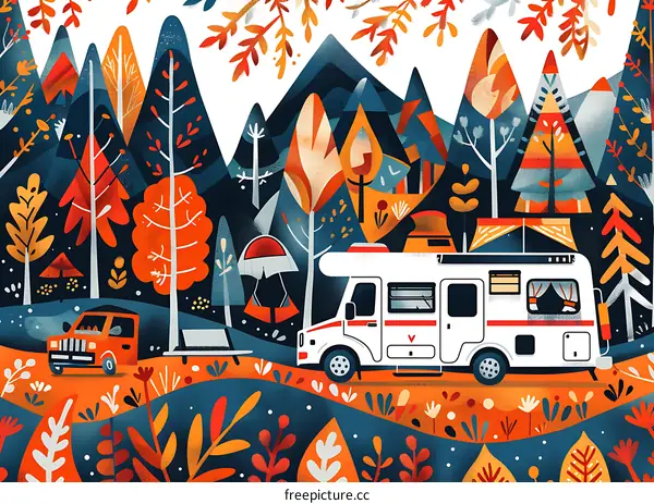 Autumn Camping Landscape with Camper Van Illustration
