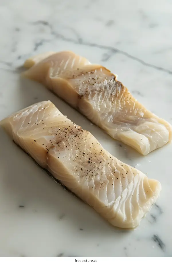 Two pieces of raw white fish fillet with black pepper on a marble surface