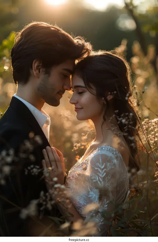 A loving couple is standing in a field of tall grass.