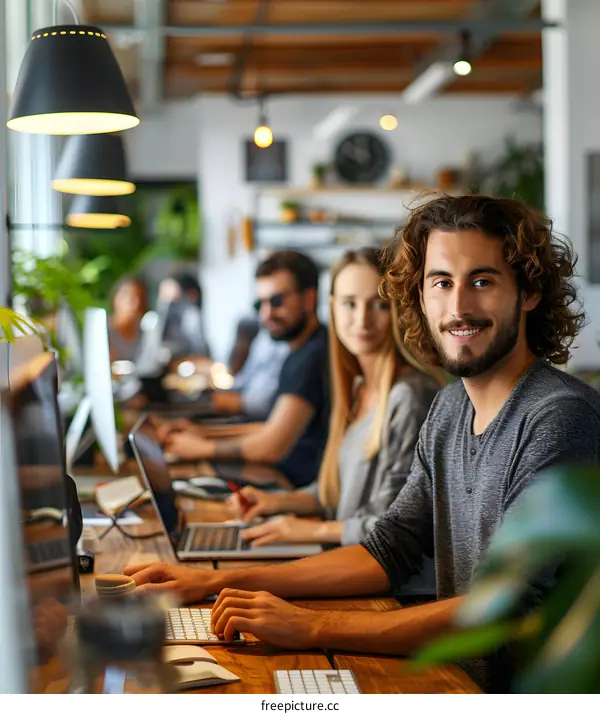 Portrait of a young professional smiling at the camera while working on a computer in an office with colleagues in the background