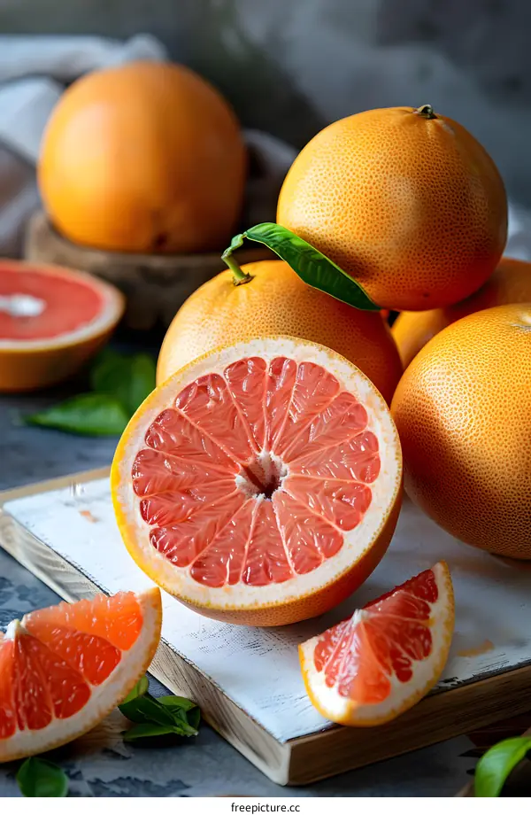 Fresh Grapefruit Slices on Wooden Board