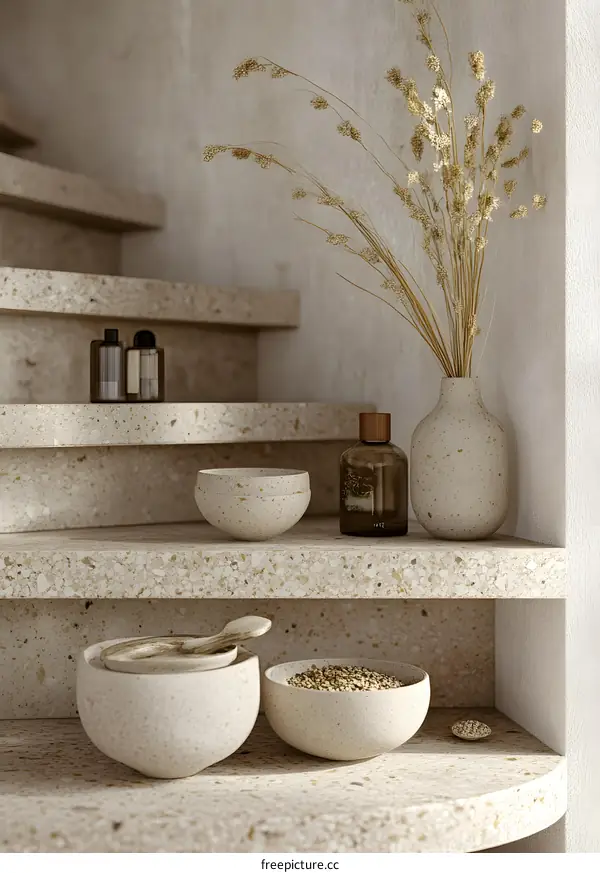 Minimalist Home Decor with Dried Grass in a Vase and Terrazzo Shelves